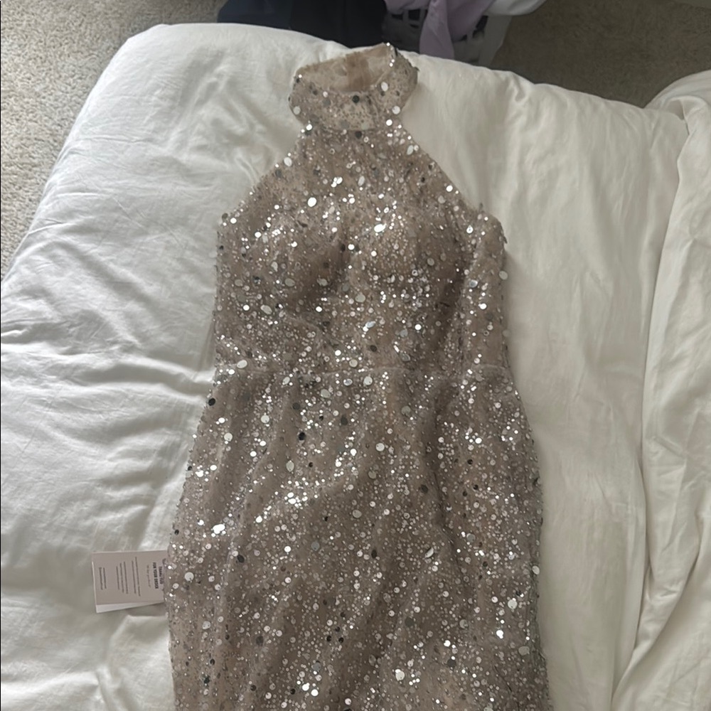 Gold and Silver Sequin Halter Backless Gown